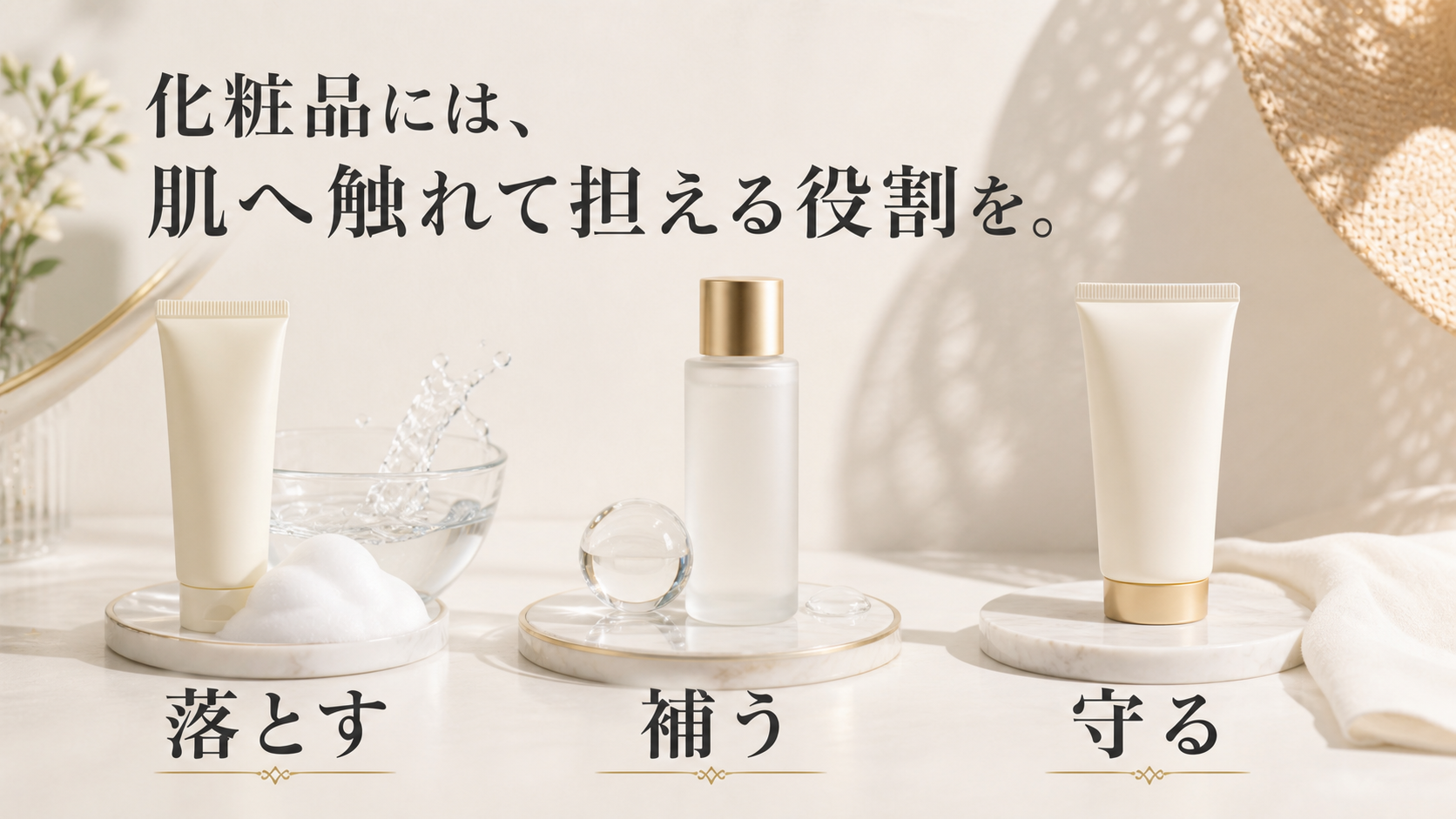 化粧品の落とす、補う、守るという役割を示す図