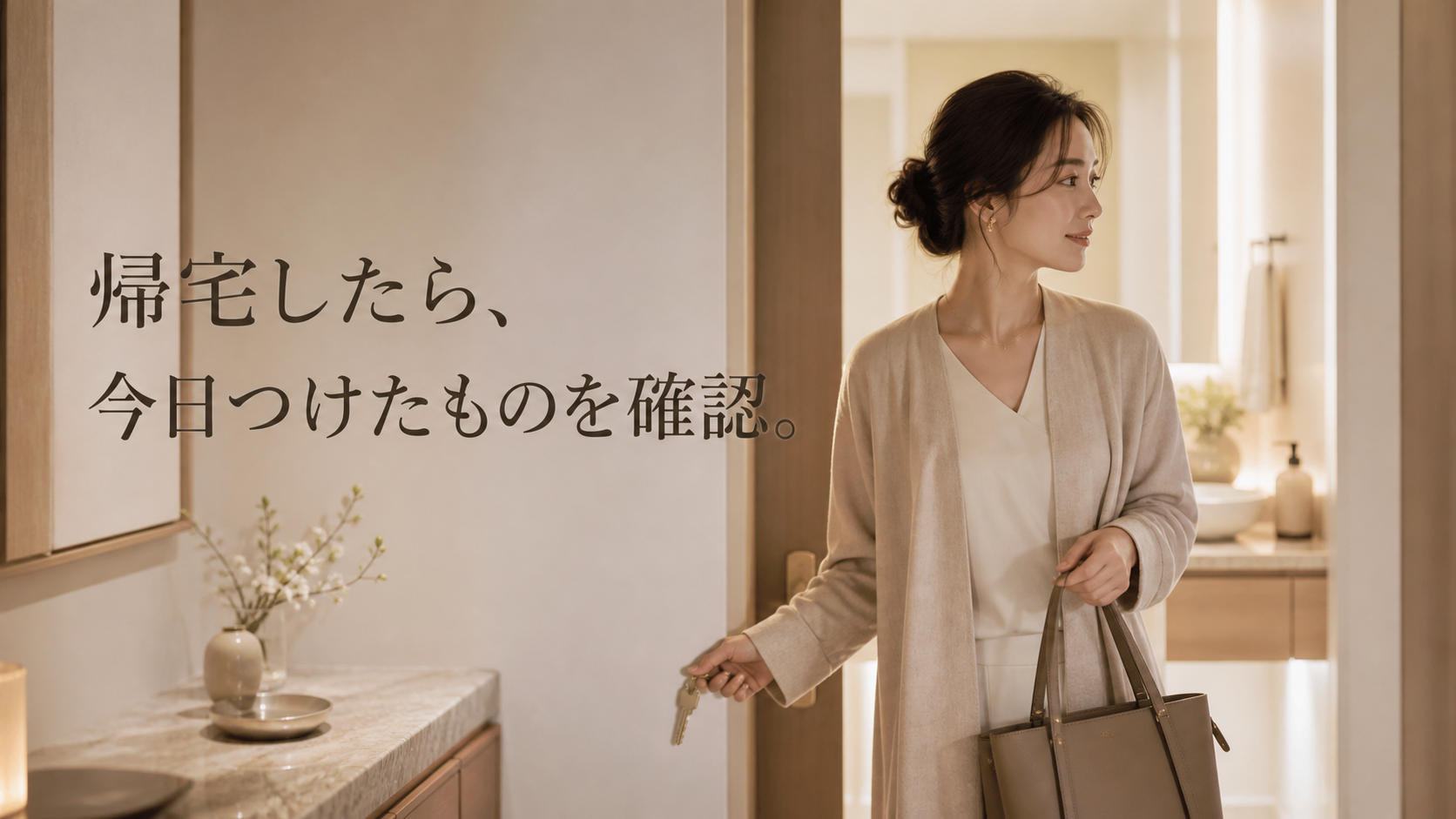 帰宅後にその日につけたものを確認する女性