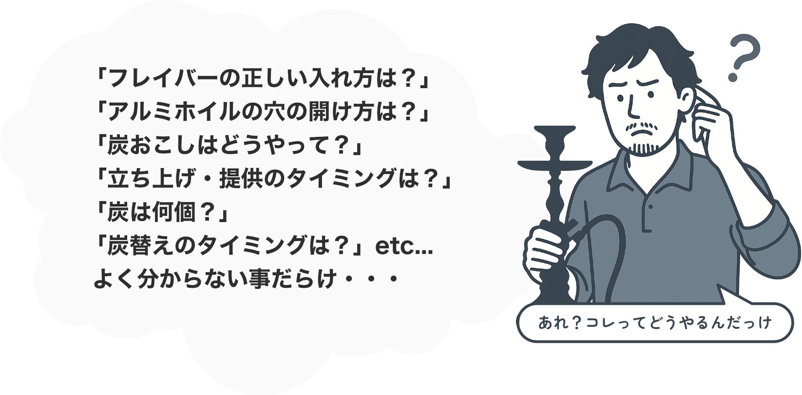 「フレイバーの正しい入れ方は？」「アルミホイルの穴の開け方は？」「炭おこしはどうやって？」「立ち上げ・提供のタイミングは？」「炭は何個？」「炭替えのタイミングは？」etc...よく分からない事だらけ・・・