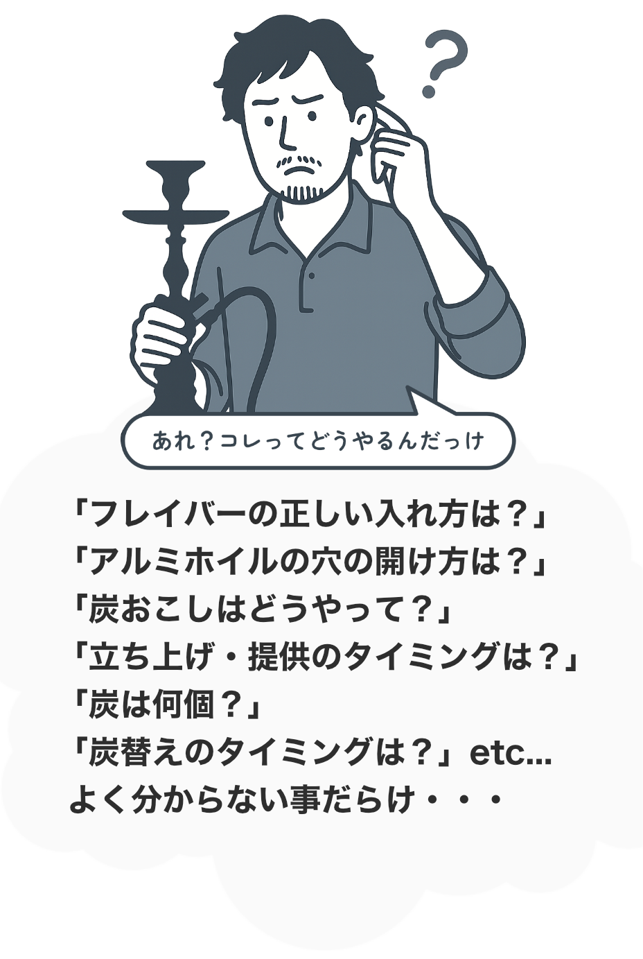 「フレイバーの正しい入れ方は？」「アルミホイルの穴の開け方は？」「炭おこしはどうやって？」「立ち上げ・提供のタイミングは？」「炭は何個？」「炭替えのタイミングは？」etc...よく分からない事だらけ・・・