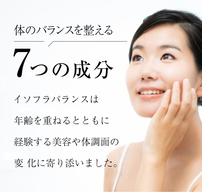 体のバランスを整える8つの成分 イソフラバランスは年齢を重ねるとともに経験する美容や体調面の変化に寄り添いました。