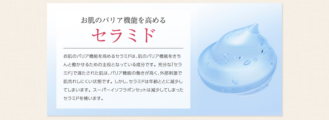 お肌のバリア機能を高めるセラミド お肌のバリア機能を高めるセラミドは、肌のバリア機能をきちんと働かせるための主役となっている成分です。充分な「セラミド」で満たされた肌は、バリア機能の働きが高く、外部刺激で肌荒れしにくい状態です。しかし、セラミドは年齢とともに減少してしまいます。スーパーイソフラボンセットは減少してしまったセラミドを補います。