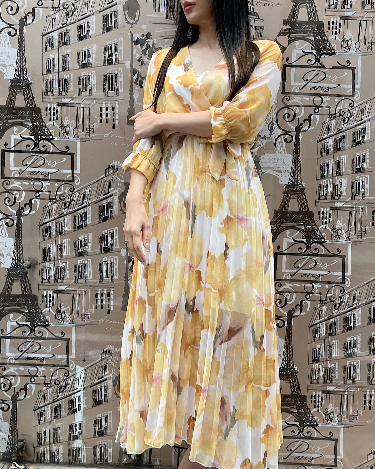 イタリア　ビッグフラワープリントプリーツワンピース カラー: YEL