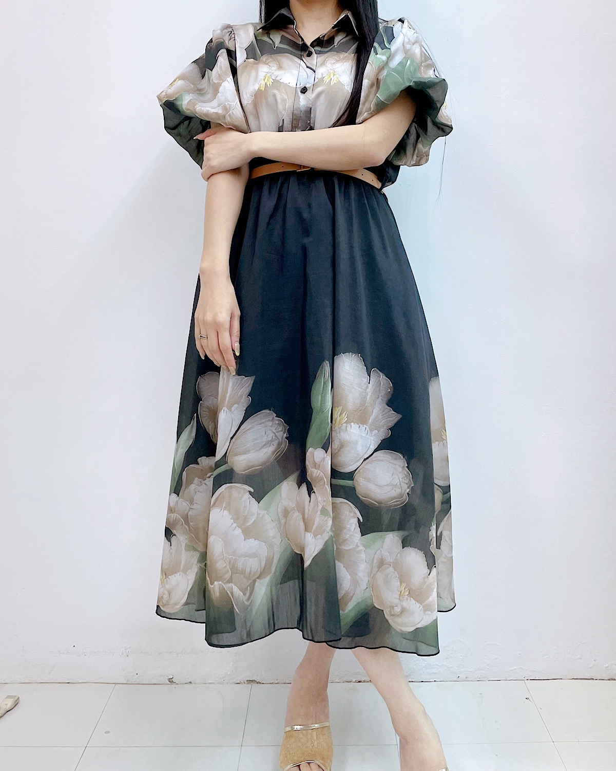 エレガントチューリップパフスリシャツワンピース