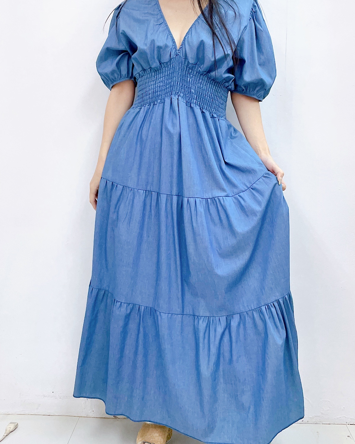 ソフトデニムシャーリングティアードワンピース