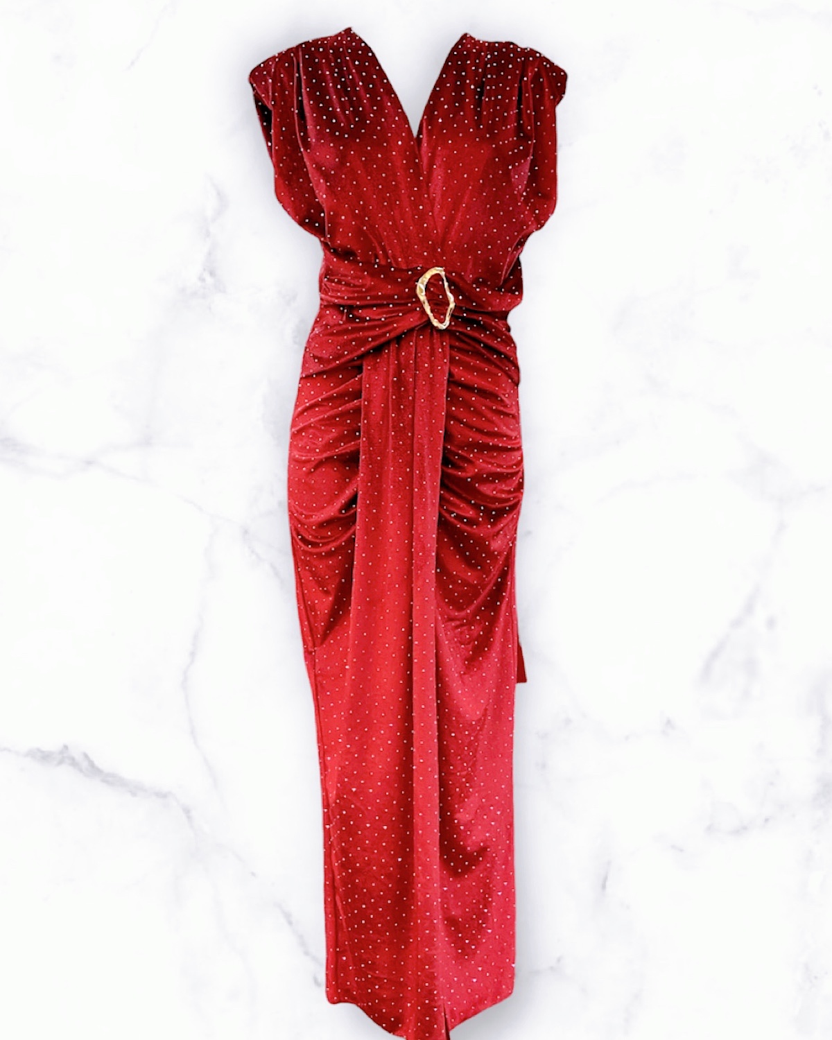 イタリア　ラインストーンベロアタイトワンピース カラー: RED