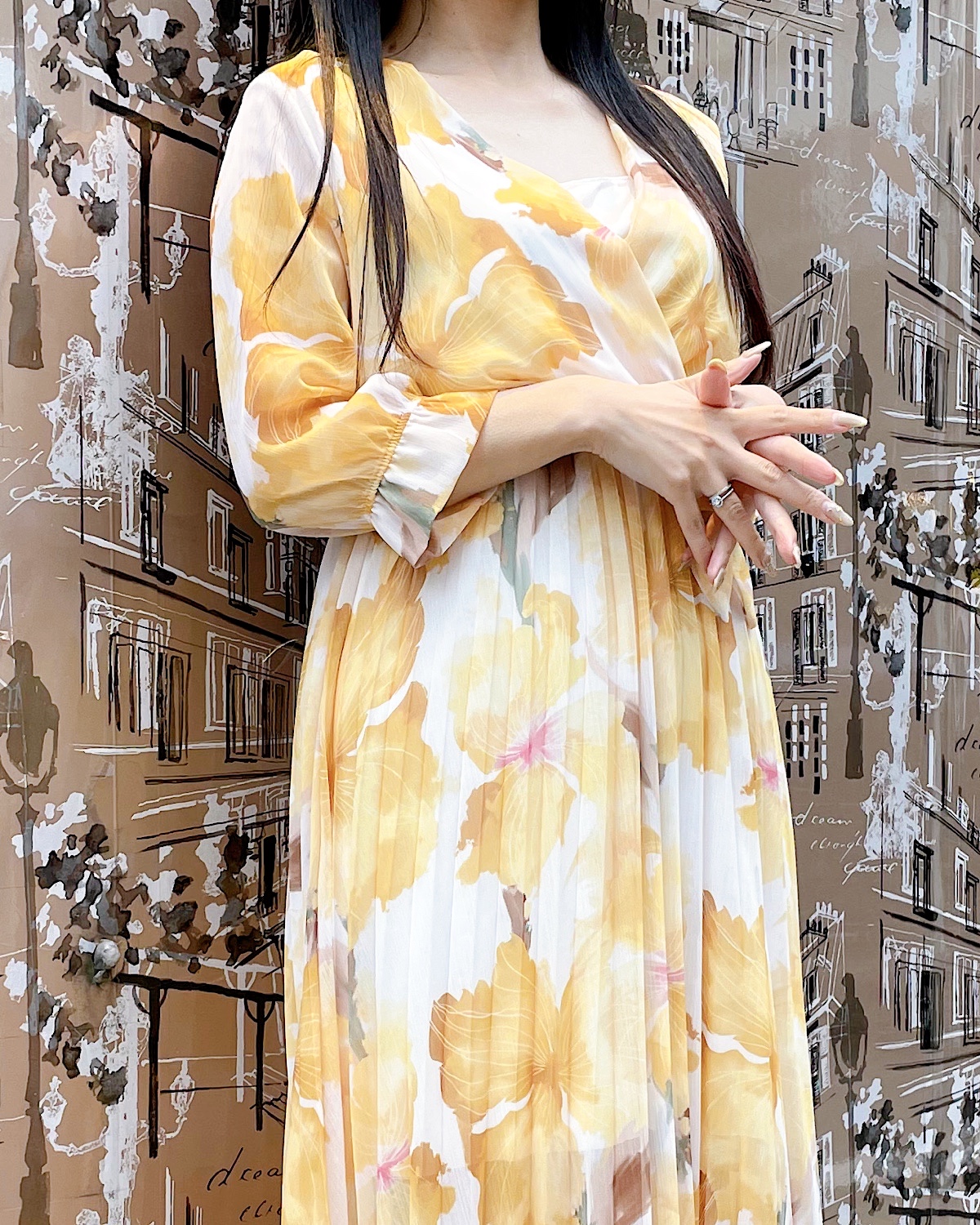 イタリア　ビッグフラワープリントプリーツワンピース カラー: YEL