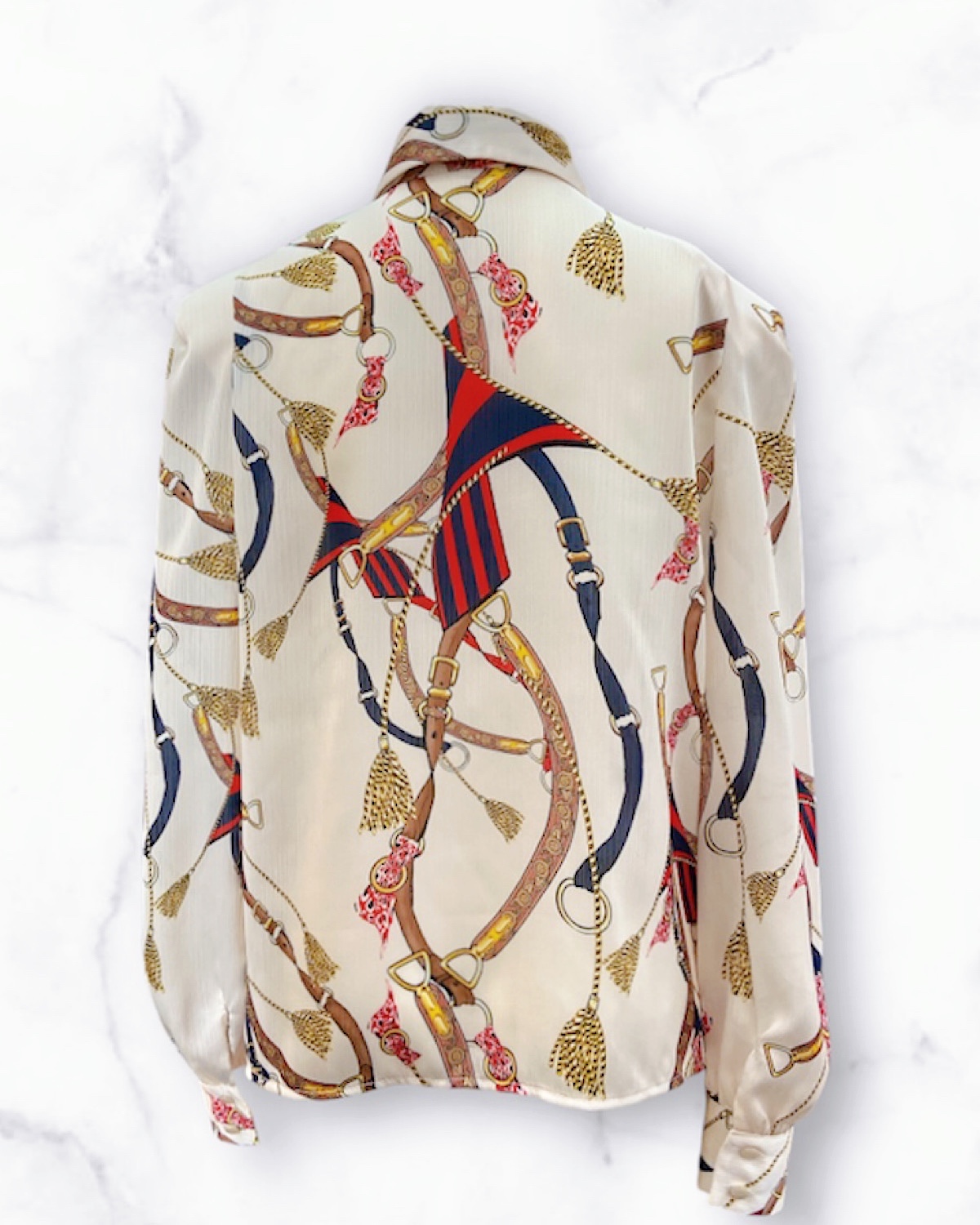 レトロプリントリボンブローチブラウス カラー: WHT