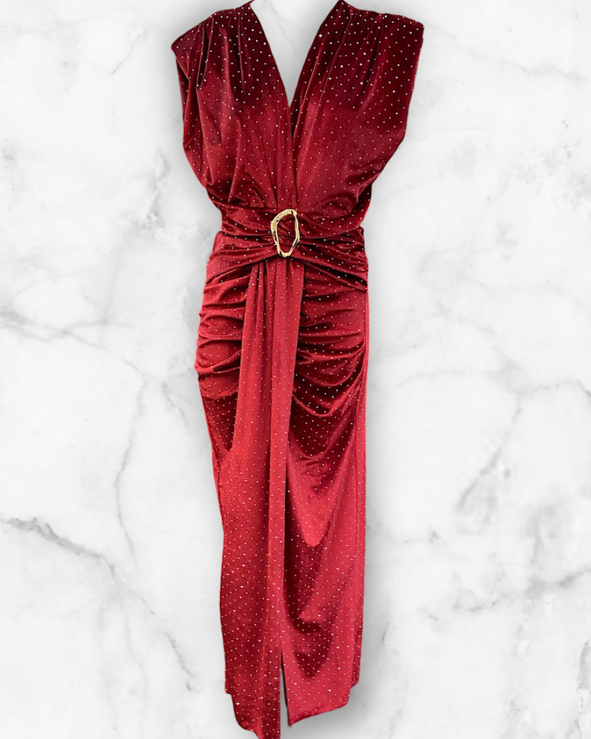 イタリア　ラインストーンベロアタイトワンピース カラー: RED