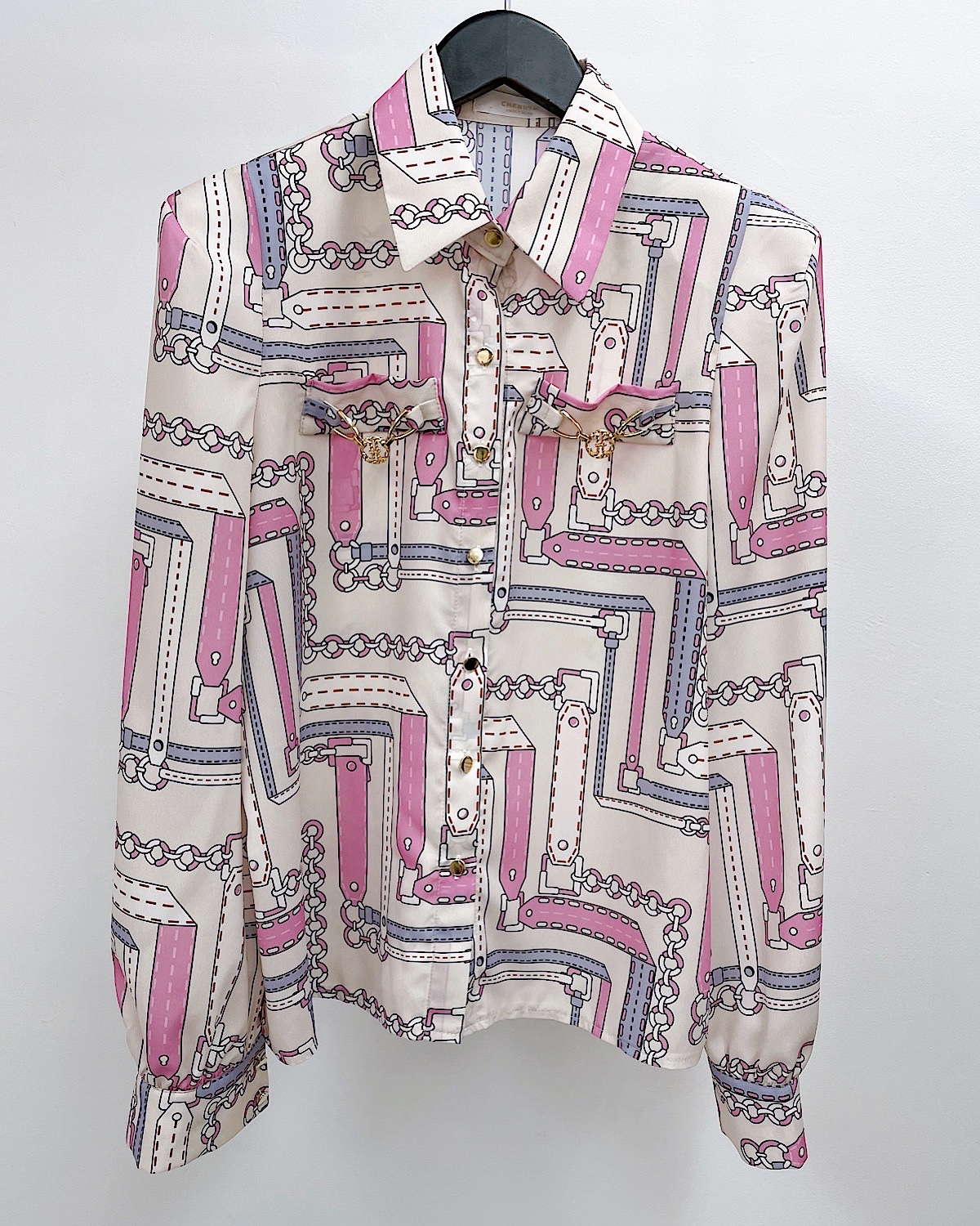 レトロチェーンプリントシャツブラウス カラー: WHT