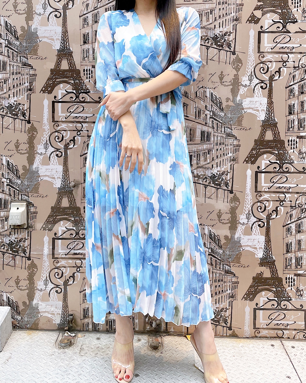 イタリア　ビッグフラワープリントプリーツワンピース カラー: YEL