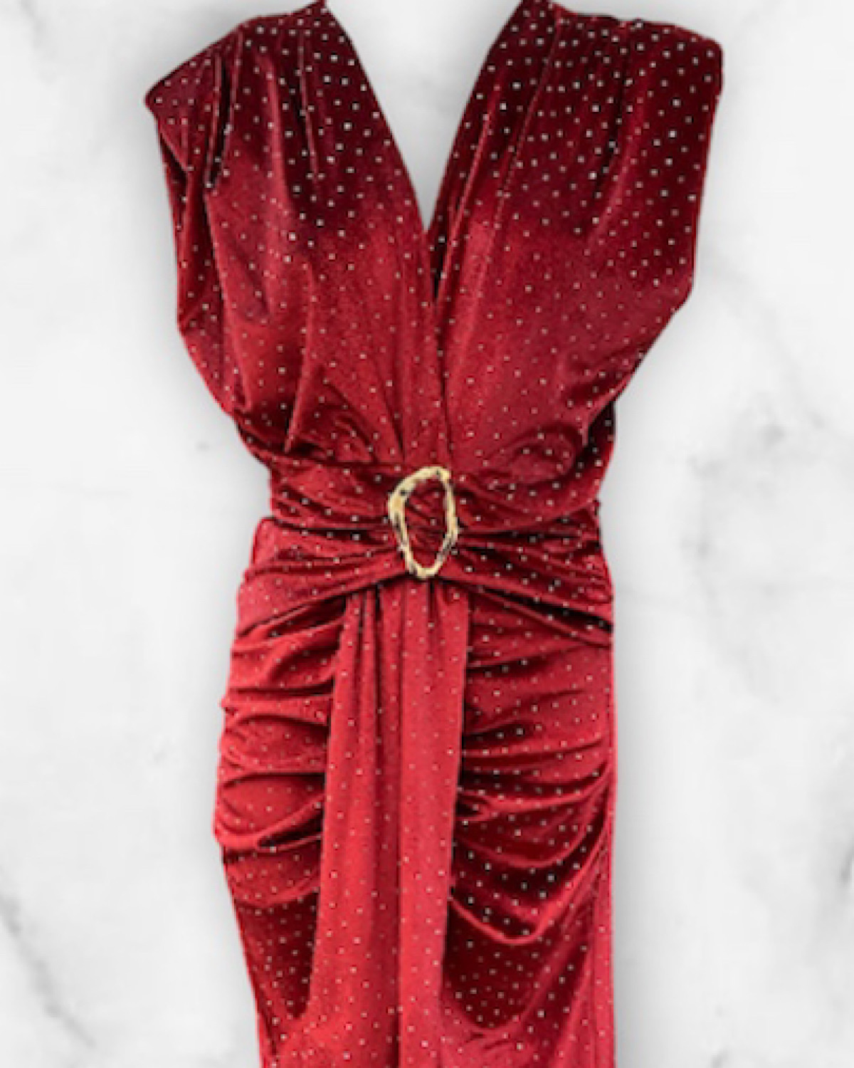 イタリア　ラインストーンベロアタイトワンピース カラー: RED