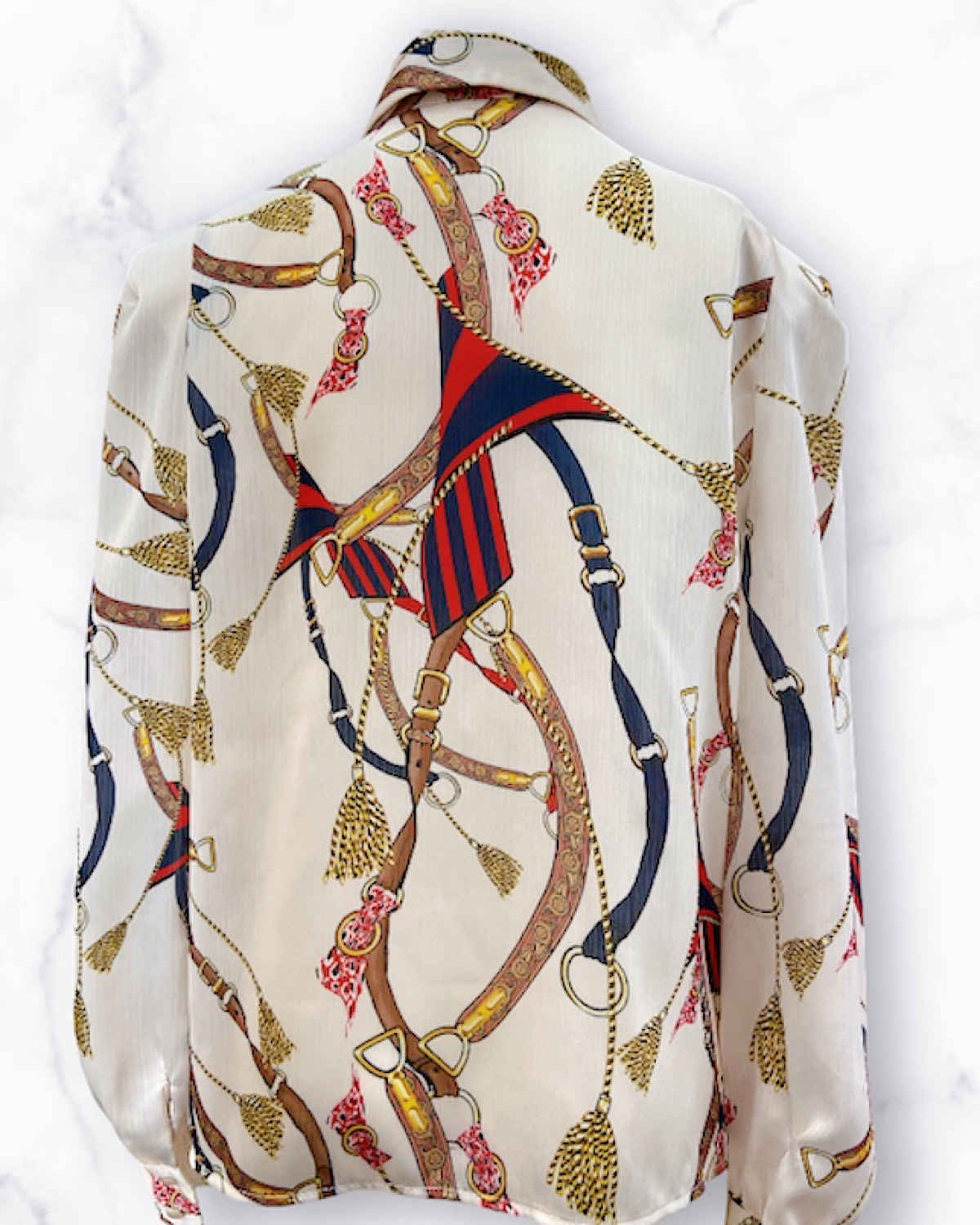 レトロプリントリボンブローチブラウス カラー: WHT