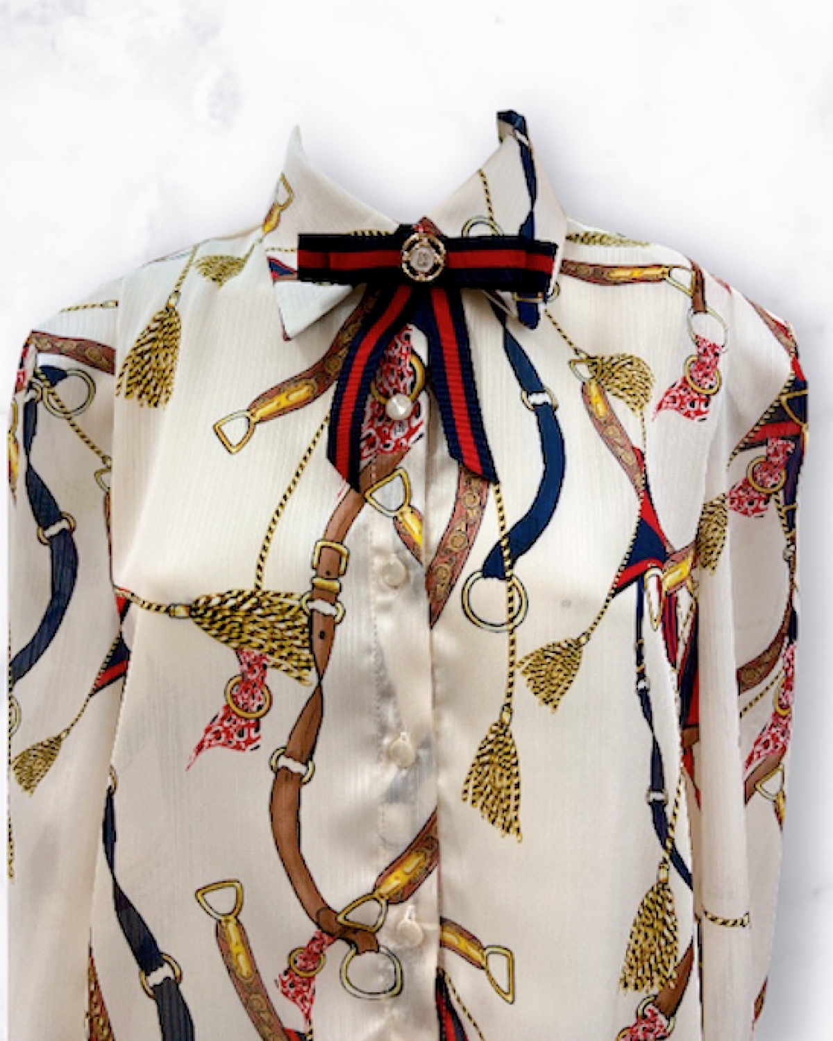 レトロプリントリボンブローチブラウス カラー: WHT
