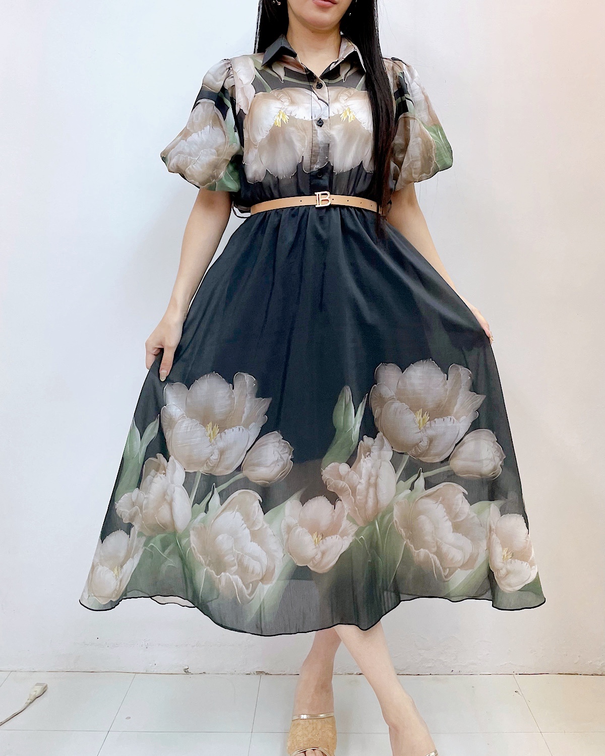 エレガントチューリップパフスリシャツワンピース