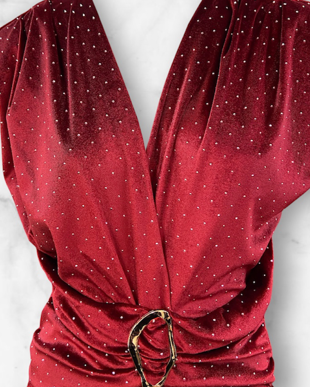 イタリア　ラインストーンベロアタイトワンピース カラー: RED