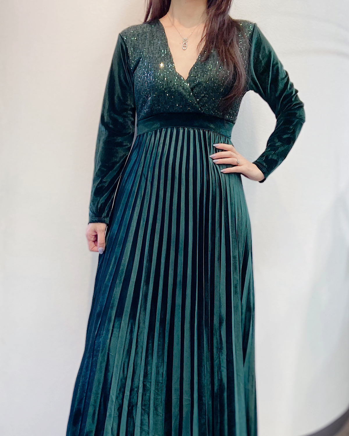 イタリア　ベロアスパンプリーツドレス カラー: GRN
