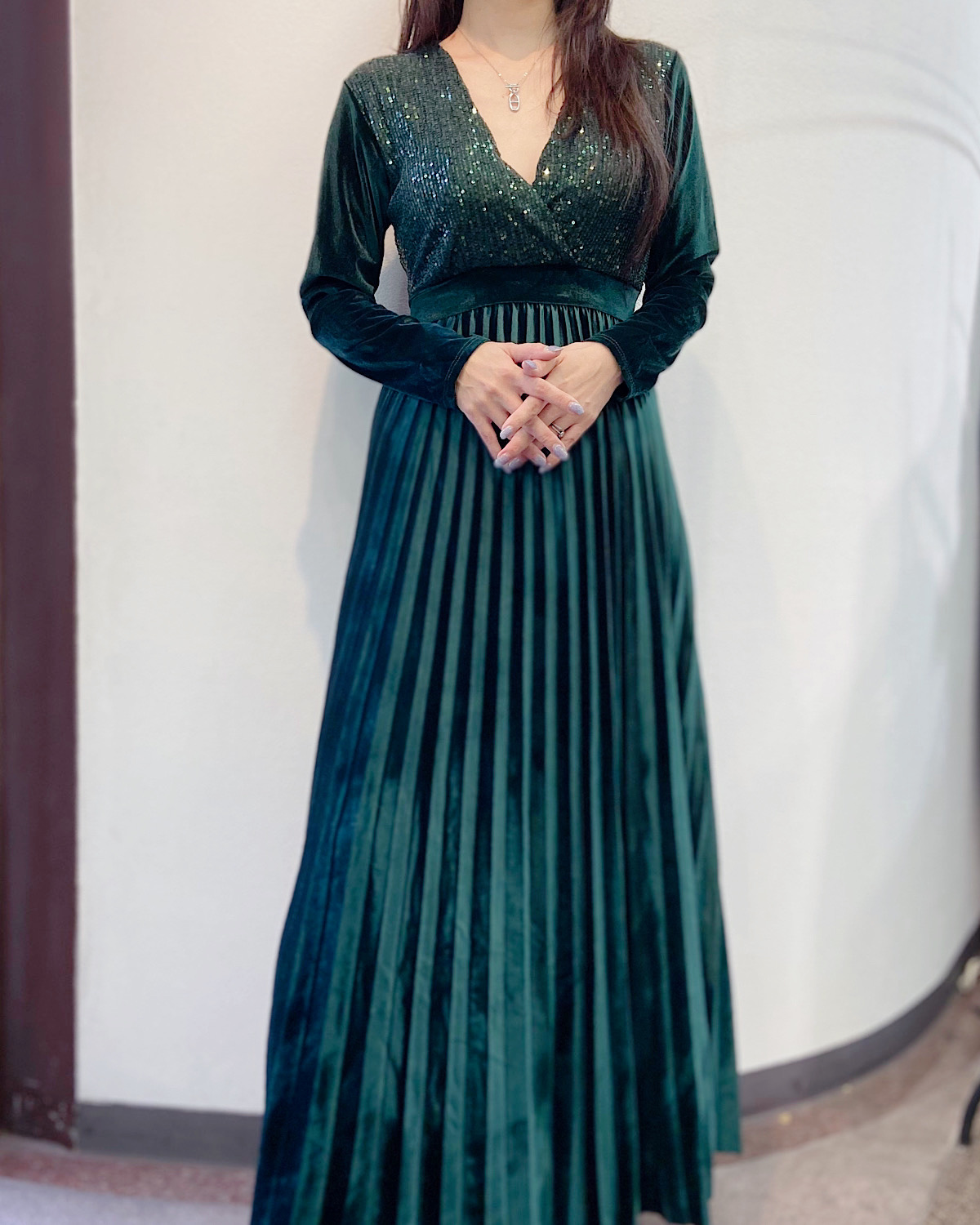 イタリア　ベロアスパンプリーツドレス カラー: GRN