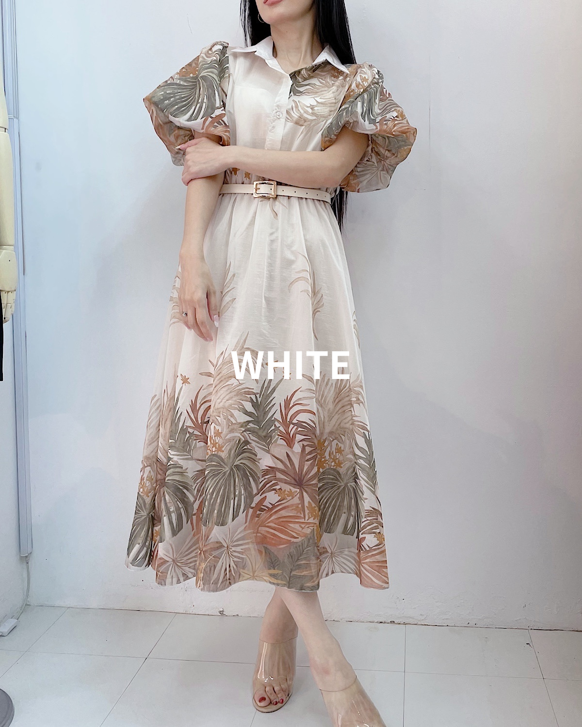 イタリアンボタニカルパフスリシャツワンピース カラー: WHT
