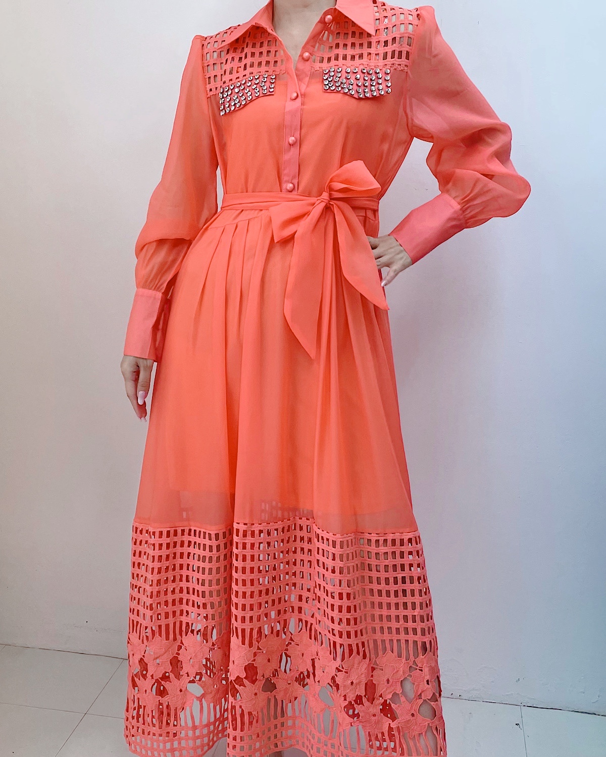 ビジューカットワークロングドレス カラー: ORN