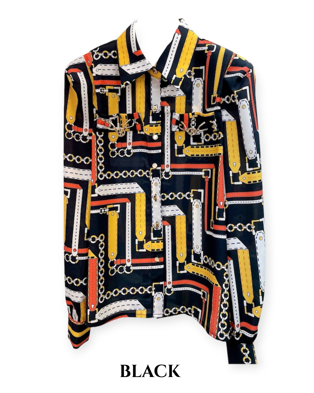 レトロチェーンプリントシャツブラウス カラー: WHT