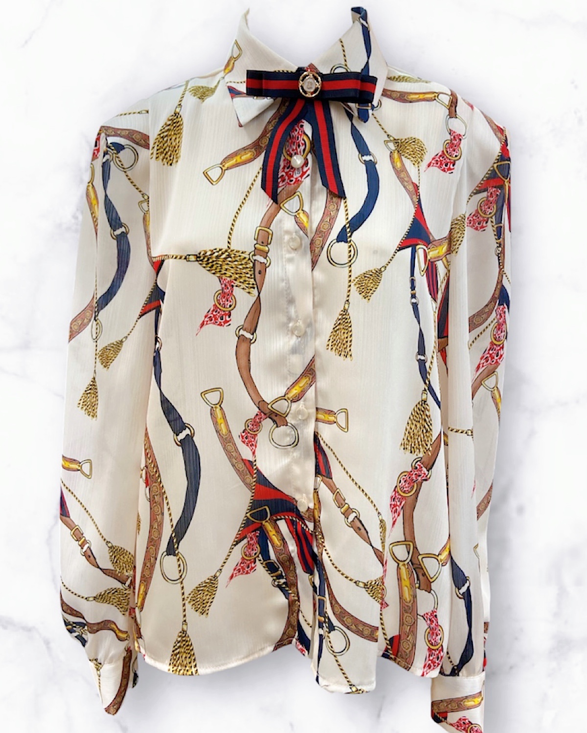 レトロプリントリボンブローチブラウス カラー: WHT