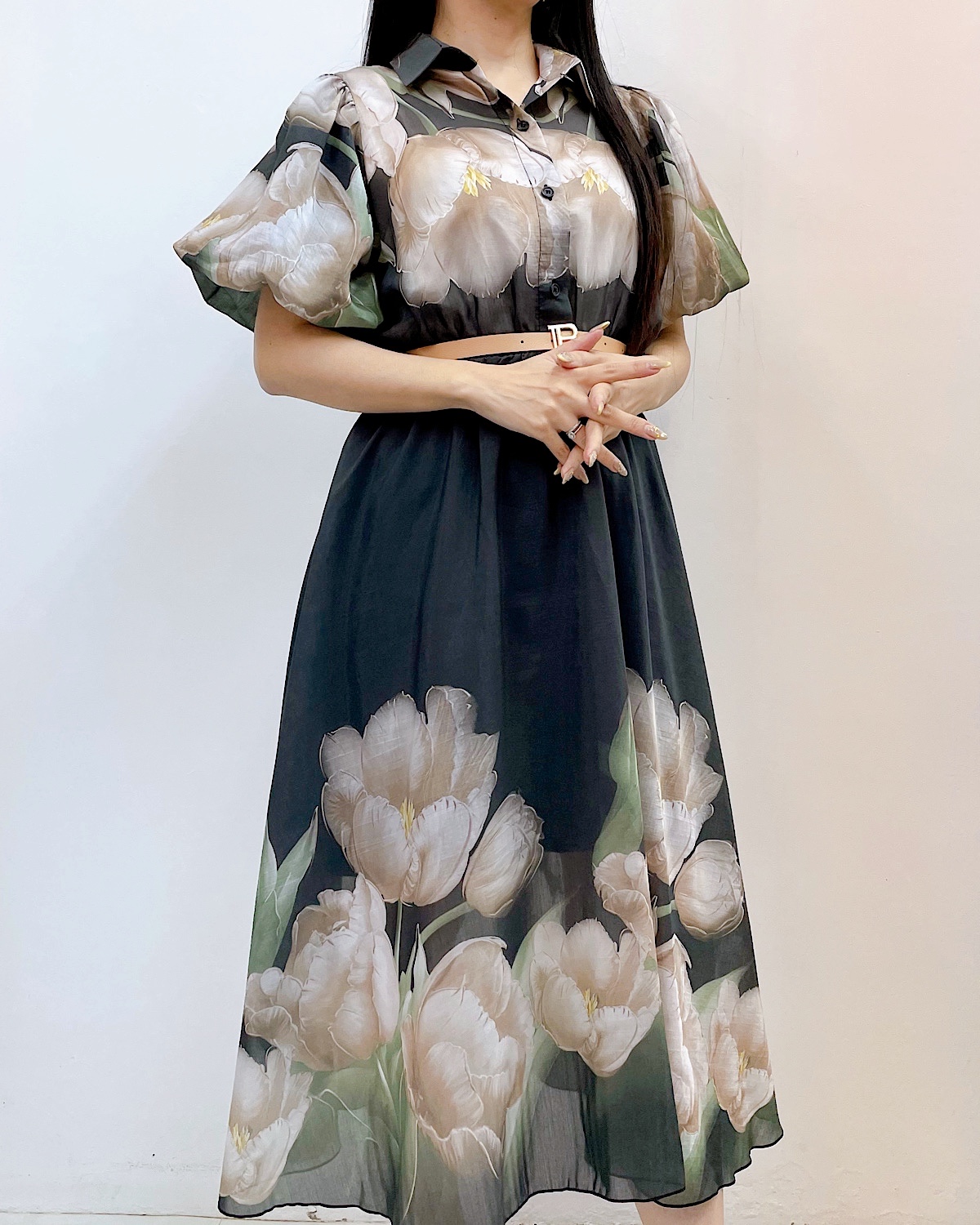 エレガントチューリップパフスリシャツワンピース