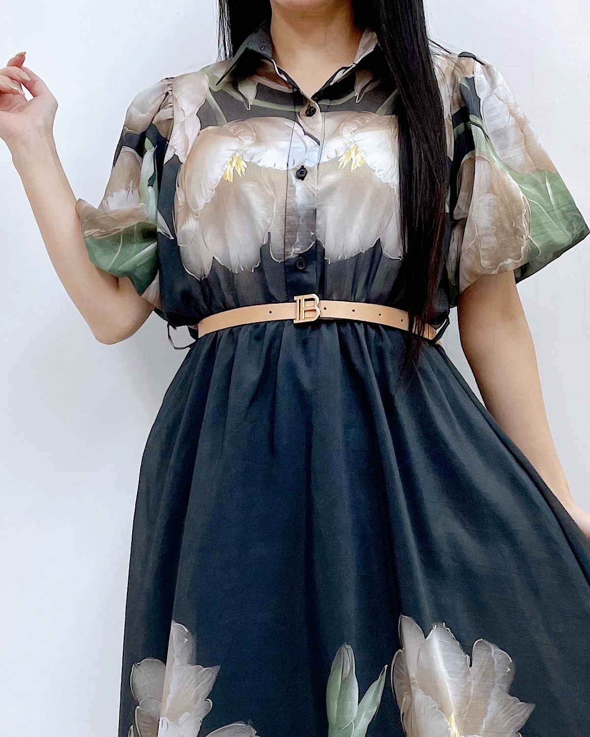 エレガントチューリップパフスリシャツワンピース