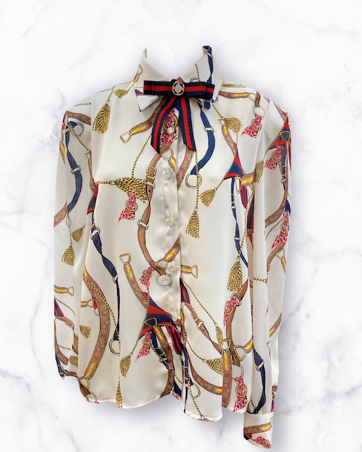 レトロプリントリボンブローチブラウス カラー: WHT