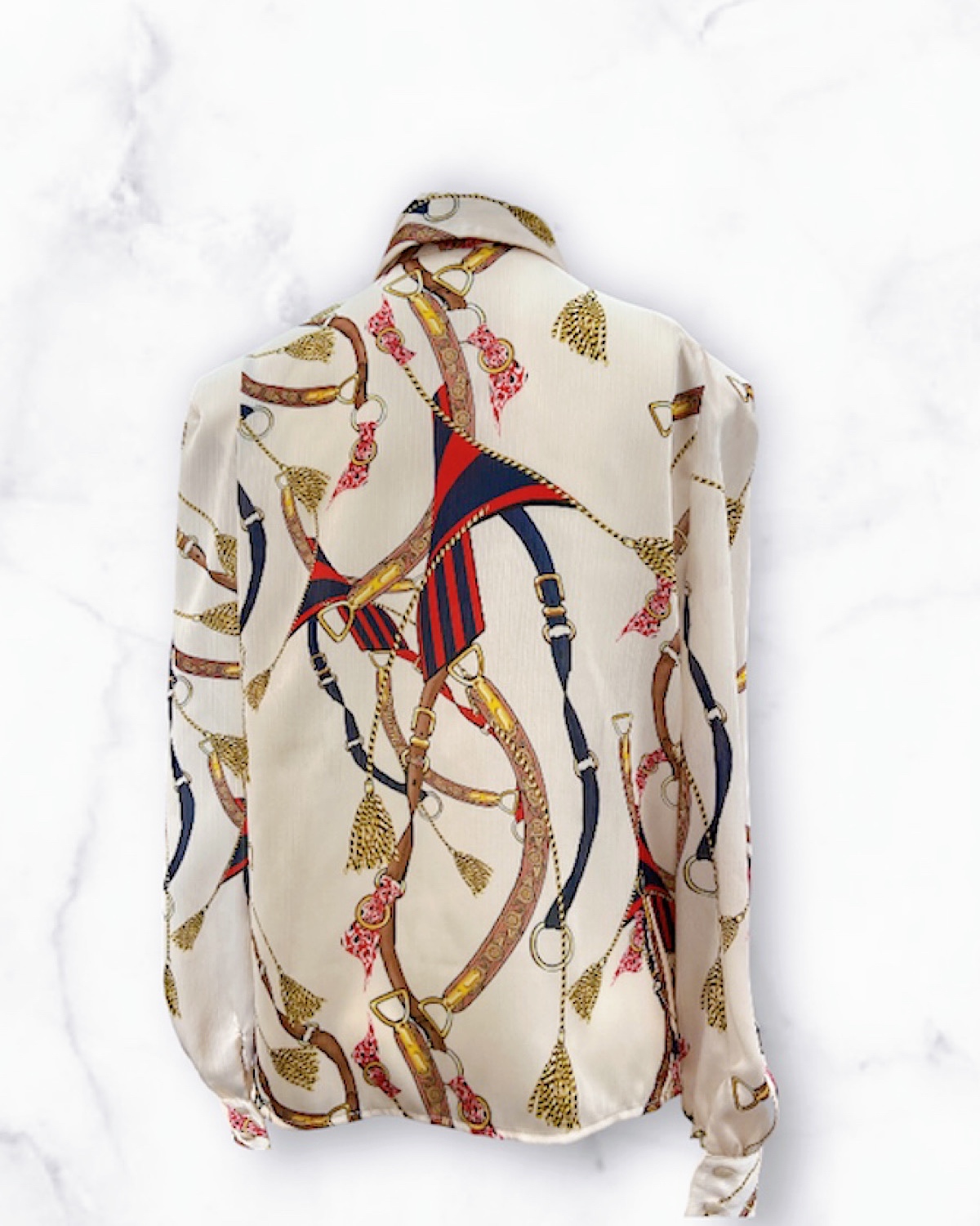 レトロプリントリボンブローチブラウス カラー: WHT