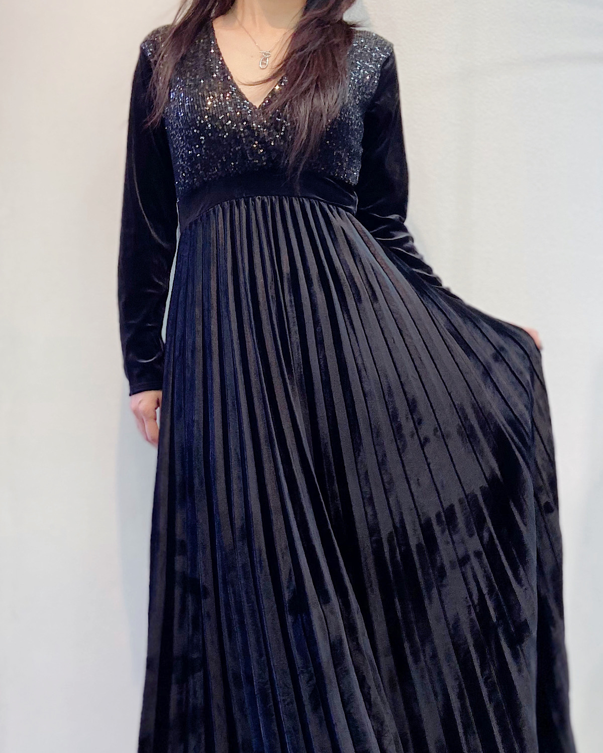 イタリア　ベロアスパンプリーツドレス カラー: GRN