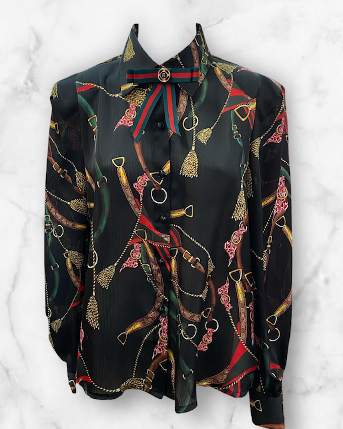 レトロプリントリボンブローチブラウス カラー: WHT