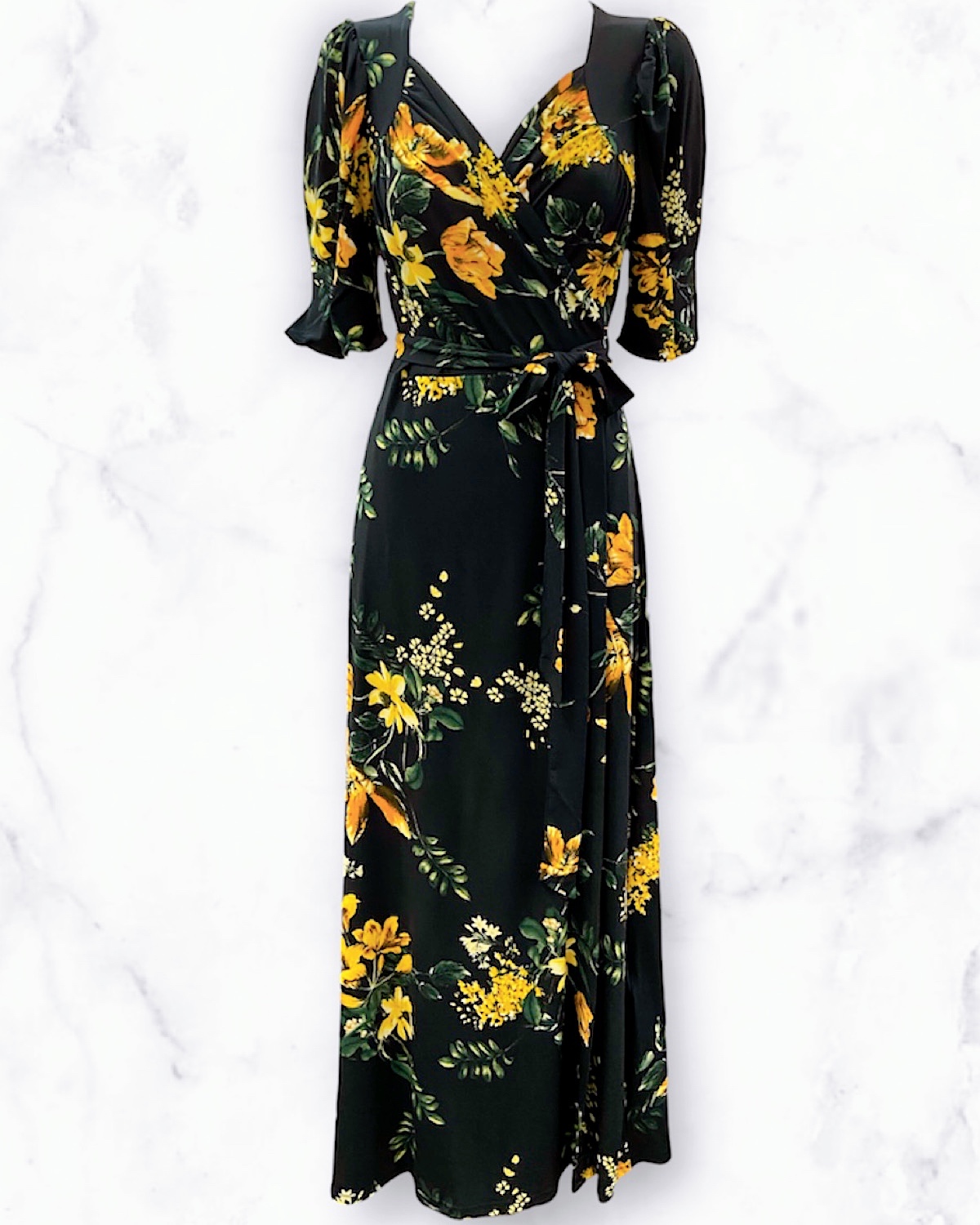 イエロー系フラワーストレッチワンピース