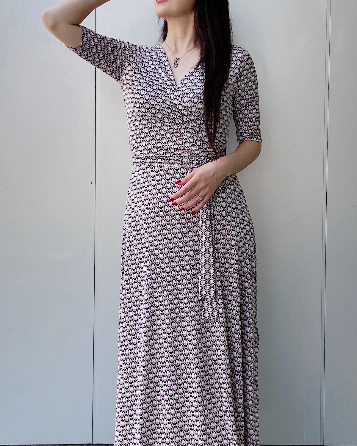 レトロチェーン柄カシュクールストレッチワンピース