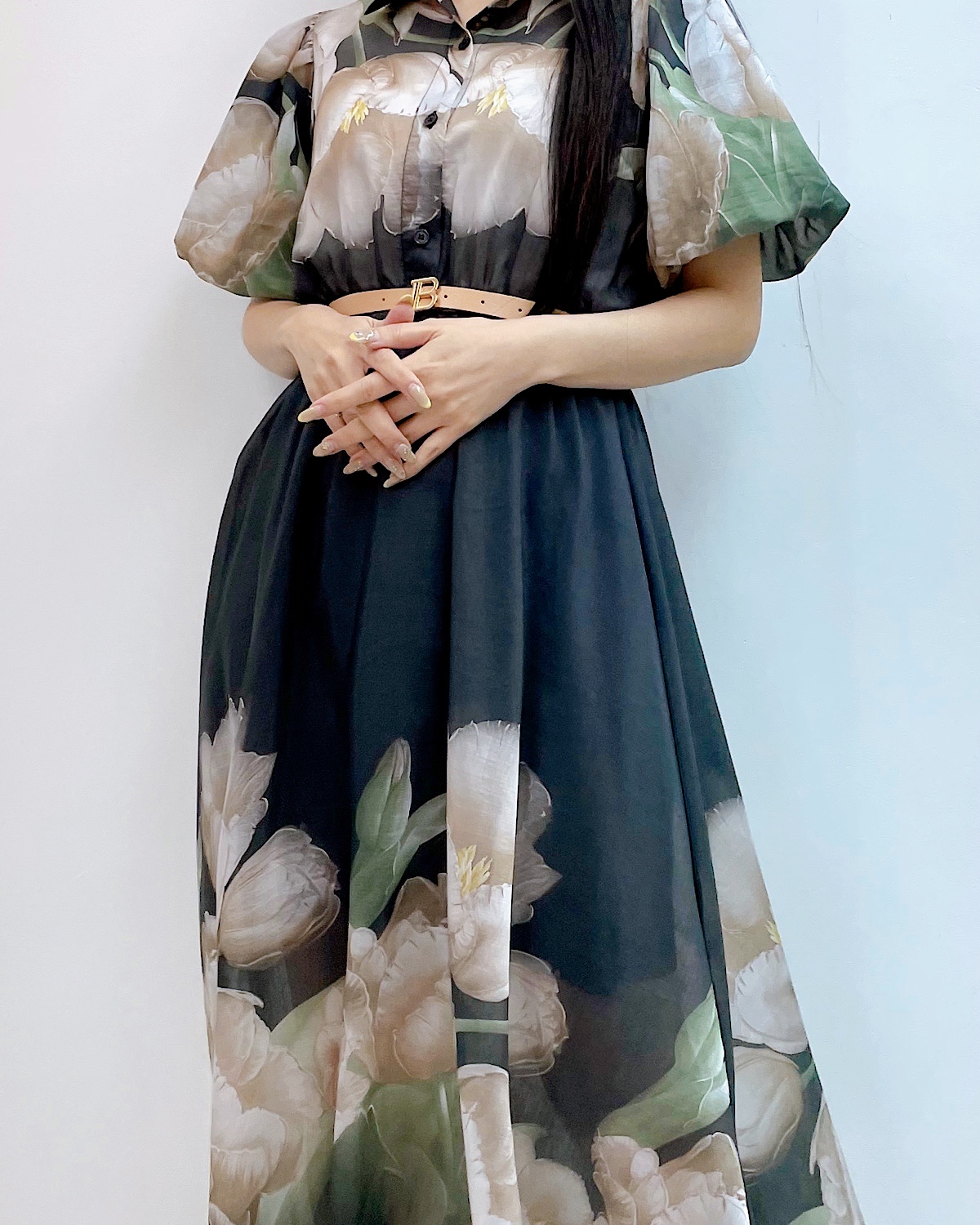 エレガントチューリップパフスリシャツワンピース