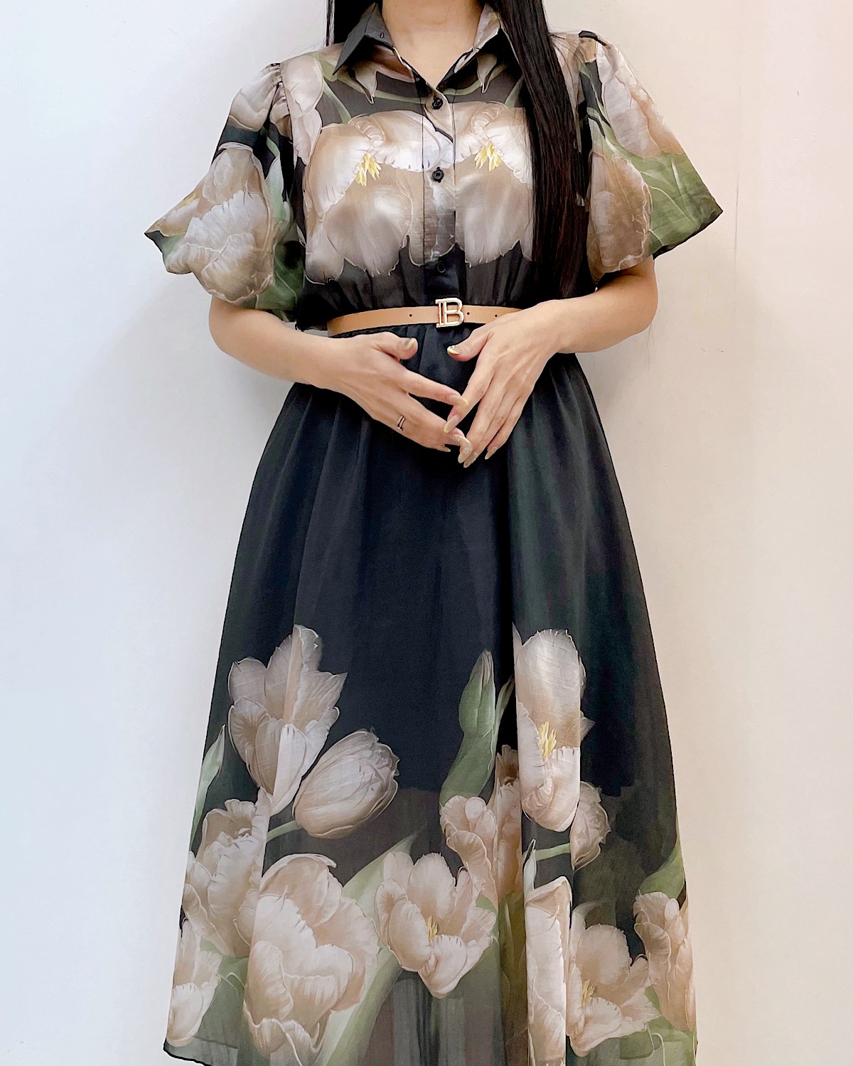 エレガントチューリップパフスリシャツワンピース