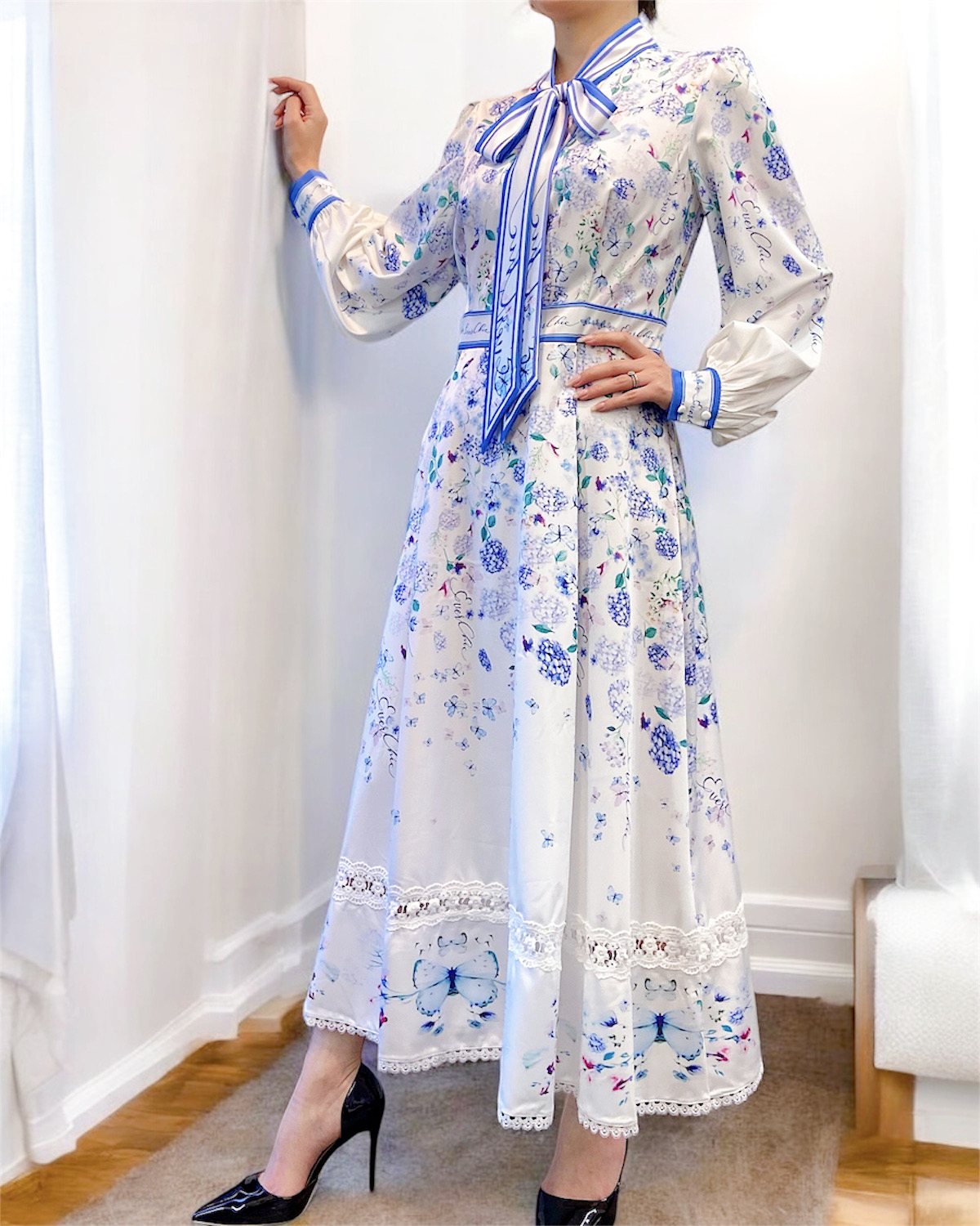 紫陽花プリントボウタイフレアワンピース