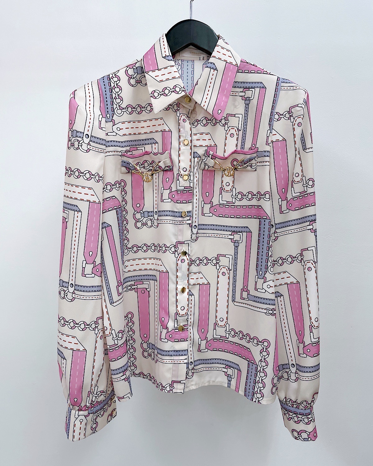 レトロチェーンプリントシャツブラウス カラー: WHT