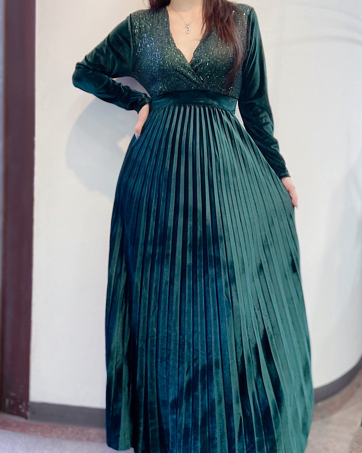 イタリア　ベロアスパンプリーツドレス カラー: GRN