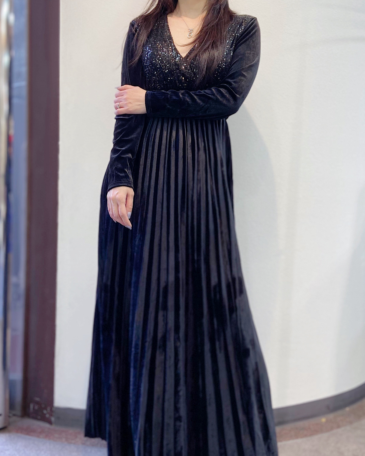 イタリア　ベロアスパンプリーツドレス カラー: GRN