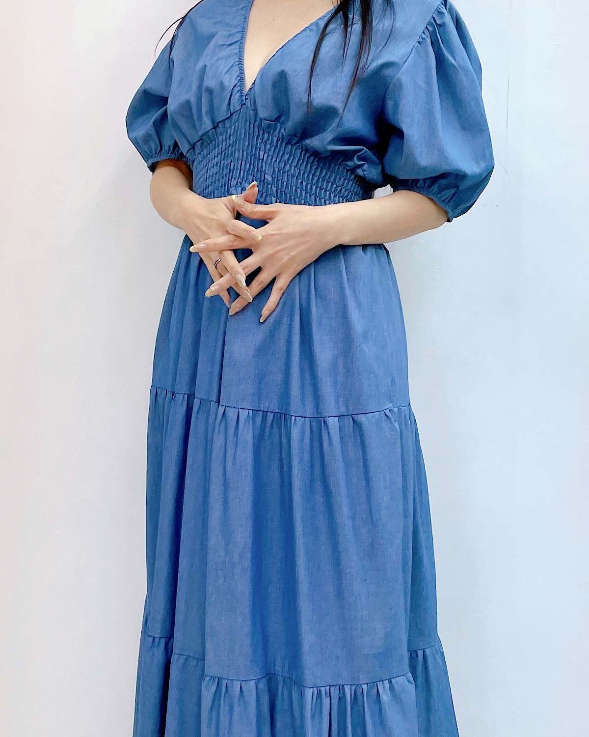 ソフトデニムシャーリングティアードワンピース