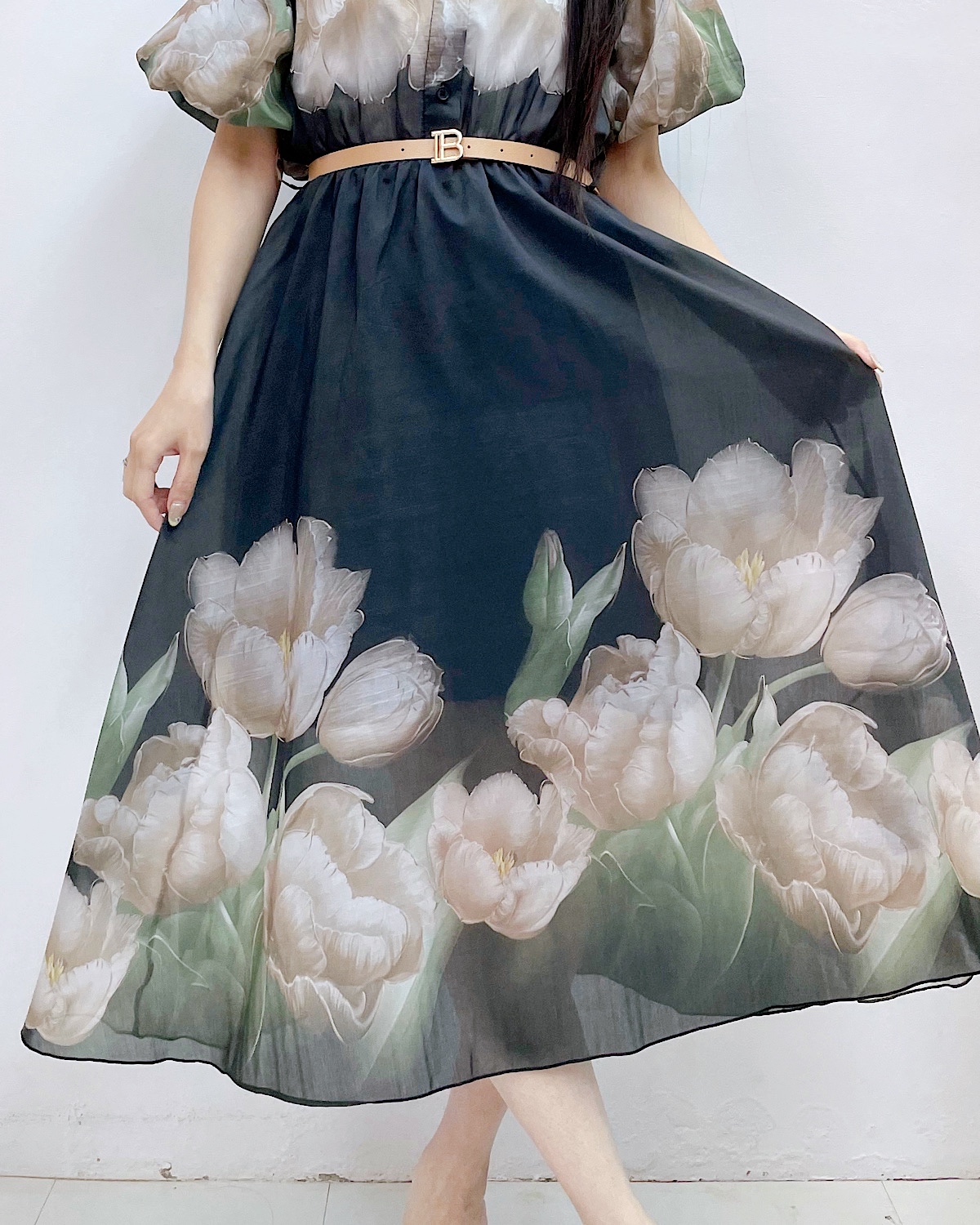 エレガントチューリップパフスリシャツワンピース