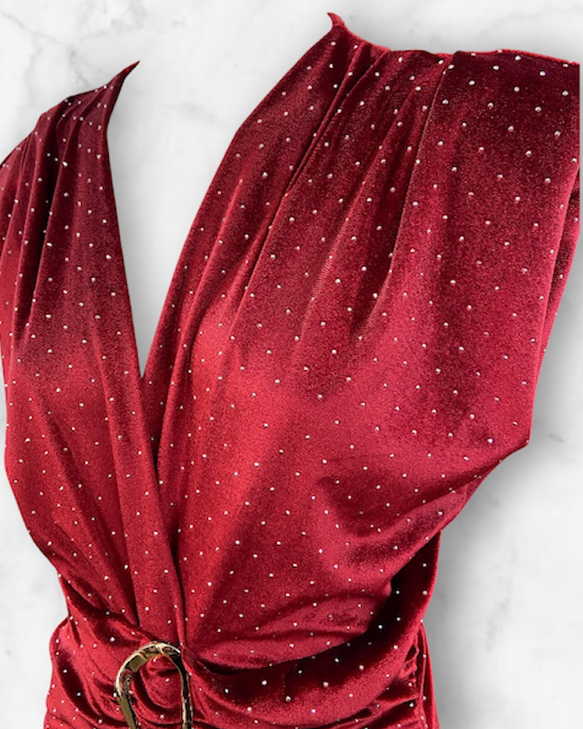 イタリア　ラインストーンベロアタイトワンピース カラー: RED