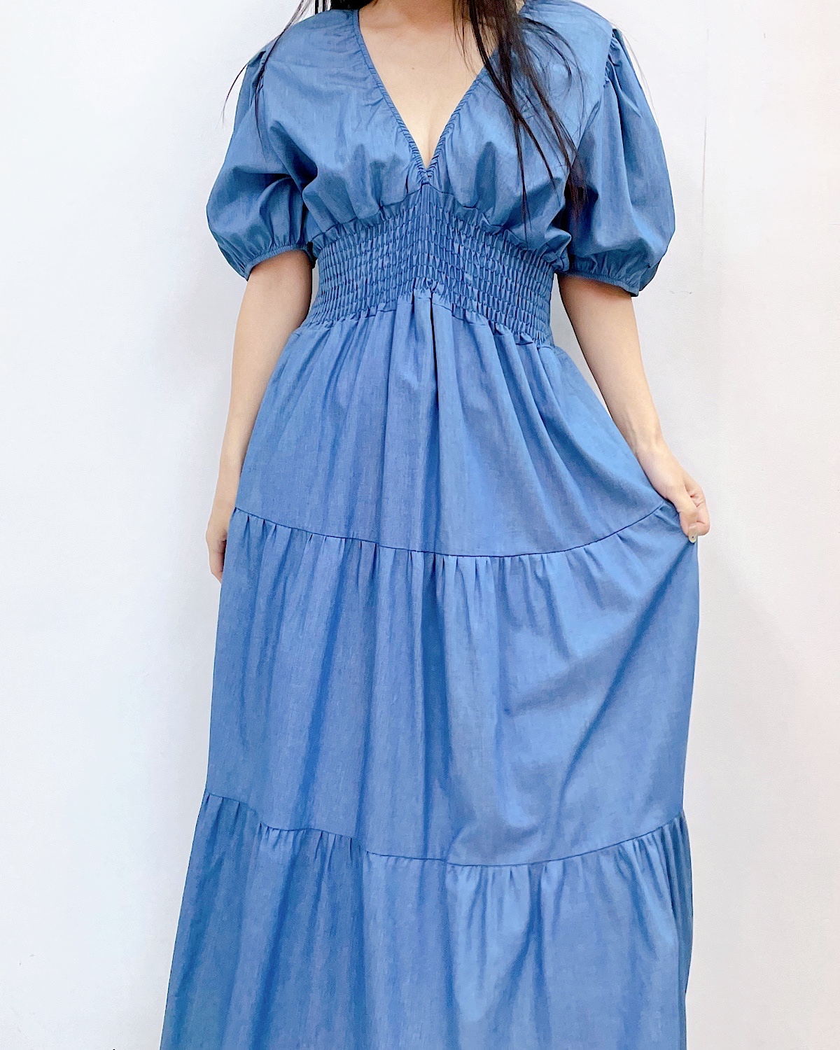 ソフトデニムシャーリングティアードワンピース