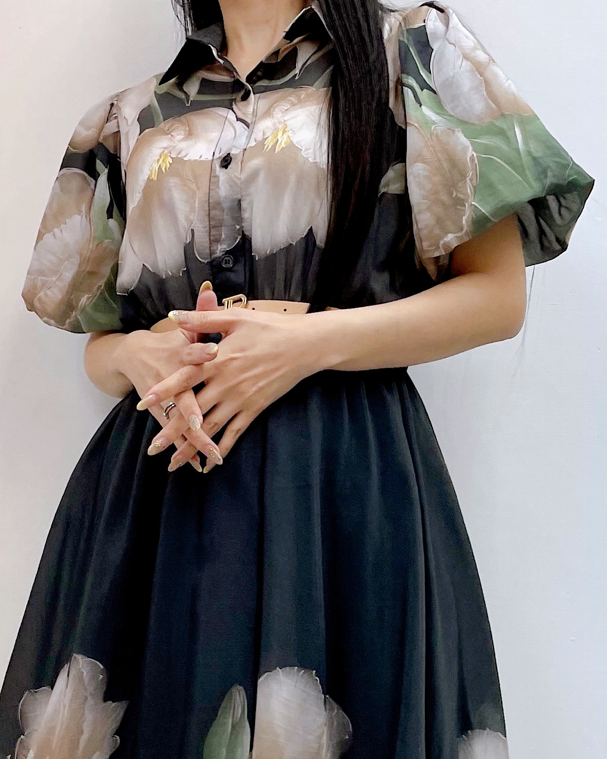 エレガントチューリップパフスリシャツワンピース