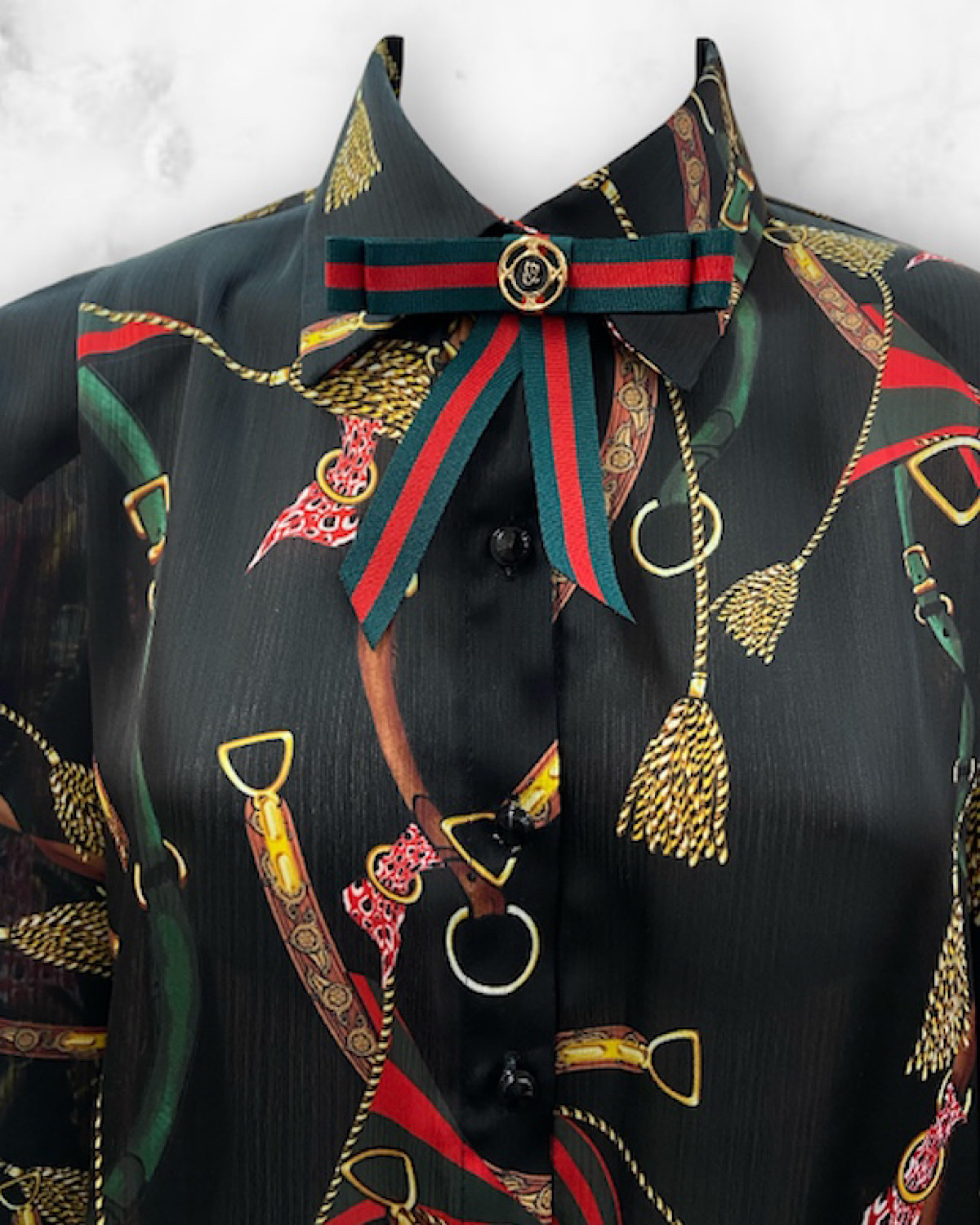 レトロプリントリボンブローチブラウス カラー: WHT