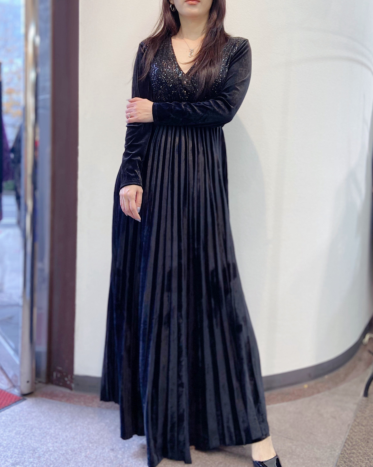 イタリア　ベロアスパンプリーツドレス カラー: GRN