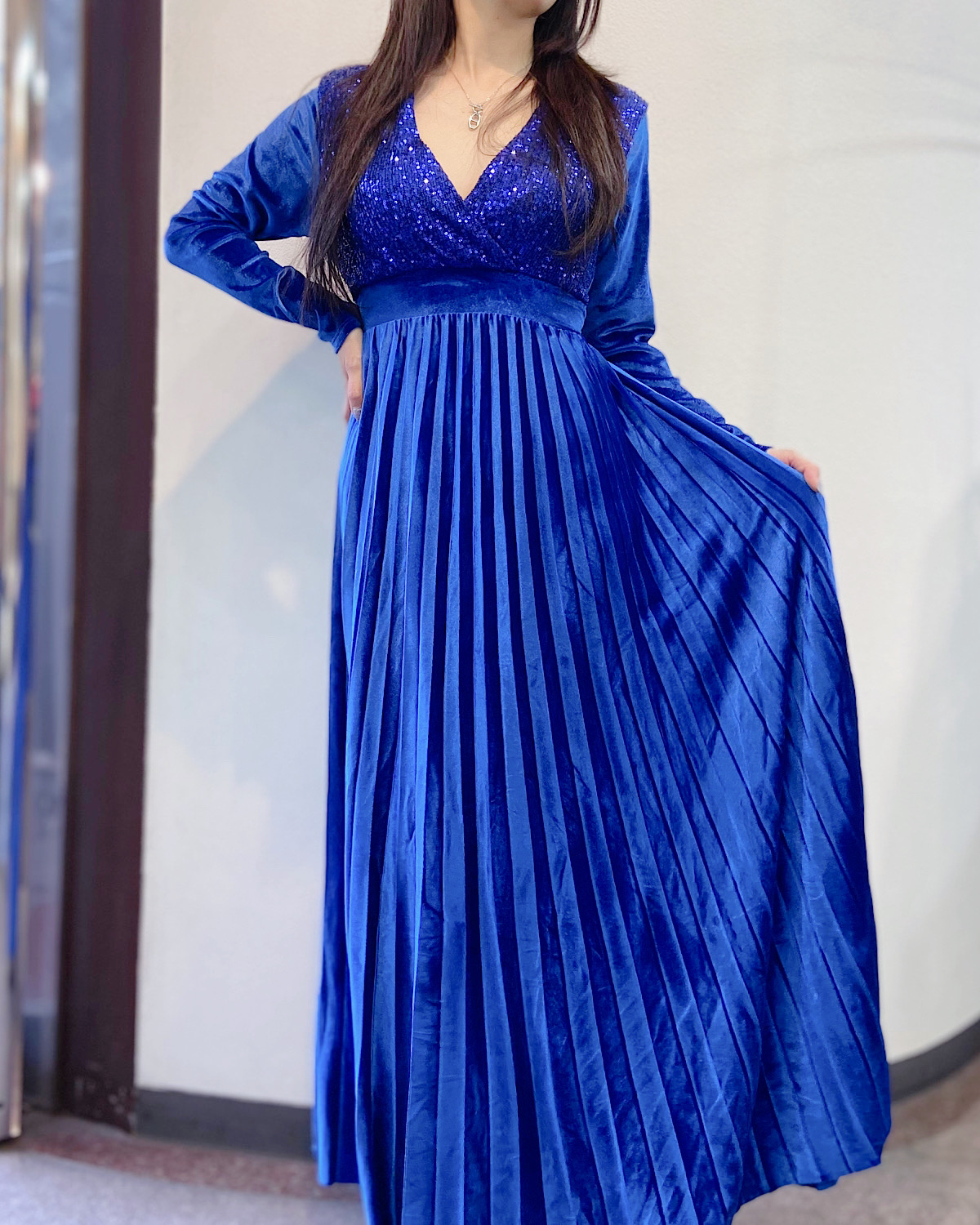 イタリア　ベロアスパンプリーツドレス カラー: GRN