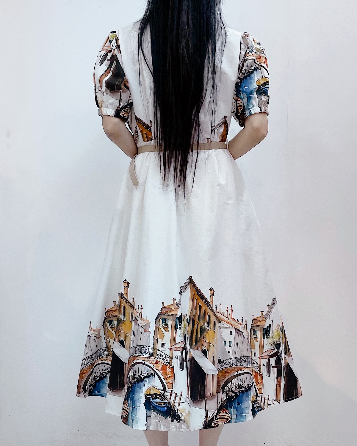 ヴェネツィアアートプリントイタリアコットンシャツワンピース カラー: WHT
