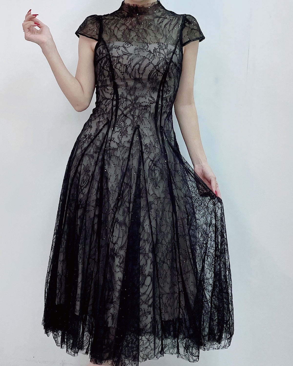 スパンコールレースバックオープンワンピース カラー: BLK, サイズ: S
